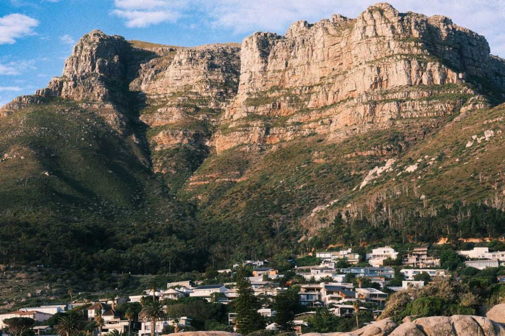 A picturesque view of mountains and suburbs near Cape Town, South Africa.